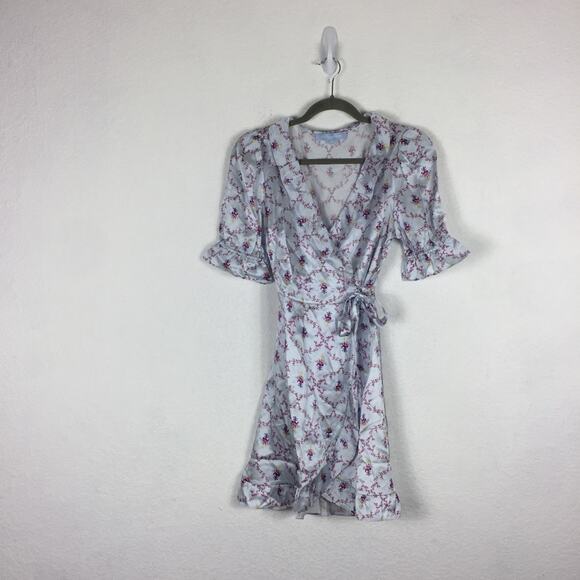 Hill House 100% Silk Nima Wrap Mini Dress Small Blue Floral Cabernet Trellis - Picture 3 of 13